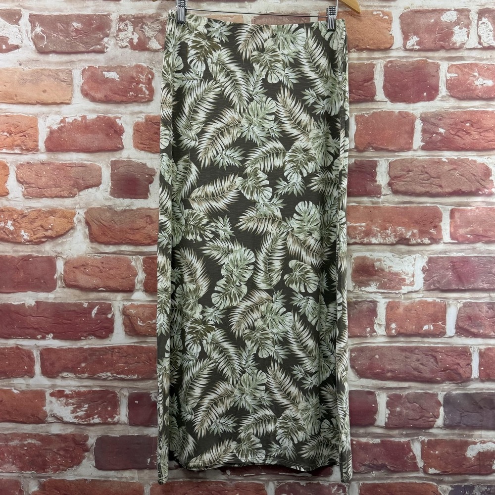 J Jill Maxi Skirt Women's Small Tall Green Tropical Leaves Slub Stretchy Casual